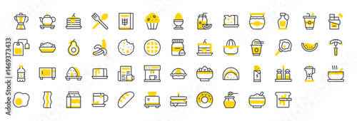 Set of Breakfast vector stroke icons. such as Cutlery, Soup , Bread, Orange Juice, Milk Box, Cookies, Honey Jar, Omelette, Fried Egg, Oatmeal, Salad, Water Bottle, Banana, Tea Bag, Syrup illustration.
