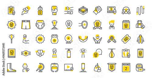 Set of Boxing vector stroke icons. such as Round, Fist, Clipboard, Winner, Scale, Boxing Glove, Ring, Belt, Muscle, Shorts, Gum Shield, Chat, Punch Ball, Smartphone, Shoes, Gong, Helmet illustration.