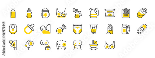 Set of Breastfeeding vector stroke icons. such as Lactation, Milk Bottle, Scale, Milk, Breast Pump, Baby, Breast, Nipple, Patch, Bra, Pacifier, Diaper, Breast, Safety Pin illustration.