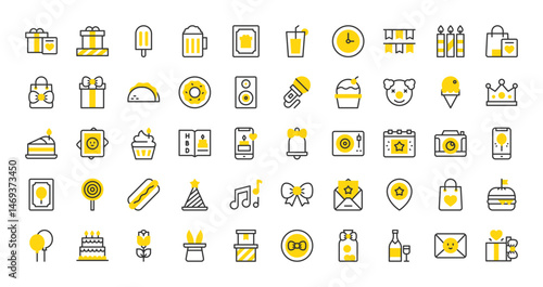 Set of Brithday vector stroke icons. such as Bow, Location , Clown, Clock, Gift Bag, Crown, Rose, Birthday Cake, Microphone, Calendar, Envelope, Pictures, Music, Birthday Card, Slice illustration.