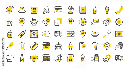 Set of Burger restaurant vector stroke icons. such as Lettuce, Steak, Chili Sauce, Chef Hat, Burger, Drive Thru, Onion Ring, Cheese Slice, Badge, Mayonnaise, Wine, Fried Chicken, Hot Dog illustration.