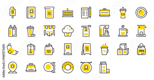 Set of Cafe vector stroke icons. such as Tips, Croissant, Coffee, Ketchup Bottle, Milk Carton, Bread, Coffee Shop, Cold Coffee, Dinner Table, Donut, Door, Egg And Bacon, Iced Tea, Cake illustration.
