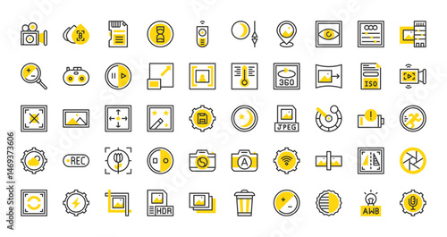 Set of Camera interface vector stroke icons. such as Flash , Crop, Zoom In, Low Battery, Micro Sd Card, Jpeg, Move Selector, Panorama, Camera Lens, Partial Metering, Hdr, Burst Mode illustration.