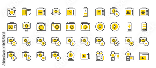 Set of Camera vector stroke icons. such as Video Camera, Photos, Battery, Picture, Flash, Camera Film, Cinema, Focus, Iso, No Flash, Play, Rotating, Selfie, Video Camera, Webcam illustration.