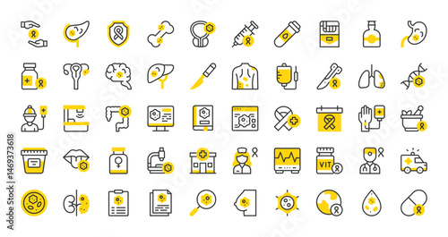 Set of Cancer vector stroke icons. such as Oncology, Colon, Skin, Dna, Doctor, Leukemia, Prostate, Radiotherapy, Breast, Kidneys, Biopsy, Liver, Pancreas, Ambulance, Patient, Cancer illustration.
