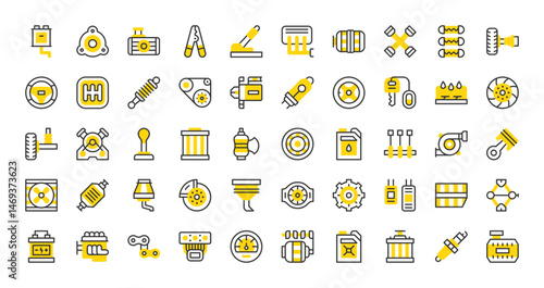 Set of Car engine vector stroke icons. such as Strut Mounting, Brake, Bearing, Belt, Window, Oil, Oil Filter, Piston, Gear, Wheel, Battery, Crankshaft, Damper, Pliers, Suspension, Cooler illustration.