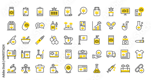 Set of Cannabis vector stroke icons. such as Injection, Regularize, Molecule, Location, First Aid Kit, Cream, Drop, Treatment, Bong, Care, Demand, Flag, Greenhouse, Discussion, Seeds illustration.