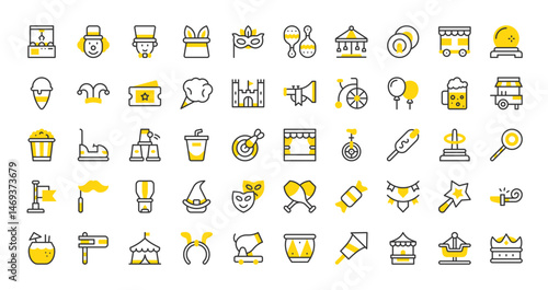 Set of Carnival vector stroke icons. such as Balloon, Ticket, Clown, Bumper Car, Clown Hat, Noisemaker, Circus Tent, Headband, Cannon, Drum, Firework, Booth, Fair Ship, Crown, Showman illustration.