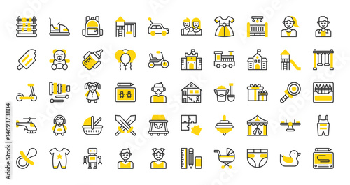 Set of Children vector stroke icons. such as Pacifier, Family, Playground, Baby Dress, Robot, Dolls House, Pijama, Girl, Gift Box, School, Ballons, Crib, Doll, Popsicle, Tricycle, Boy illustration.