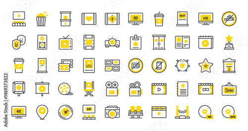 Set of Cinema vector stroke icons. such as Vip, Advertising, Popcorn, Director Chair, Age Limit, Vip Room, Cinema Screen, No Phone, Walk Of Fame, 3d Movie, Script, No Smoking, Award illustration.