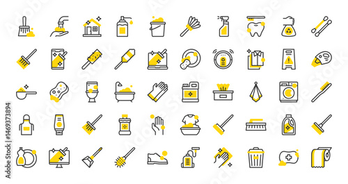 Set of Cleaning vector stroke icons. such as Laundry, House Cleaning, Spray, Detergent, Sponge, Cotton Buds, Feather, Monitor, Brush, Napkin, Wiper, Robot Vacuum, Laptop, Laundry, Soap illustration.