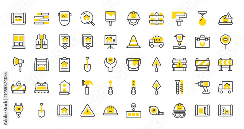 Set of Construction vector stroke icons. such as Plan, Search, Roadblock, Window, Hard Hat, Blocks, Danger Sign, Plan, File, Roadblock, File, Truck, Presentation, Toolbox, Wrench, Hammer illustration.
