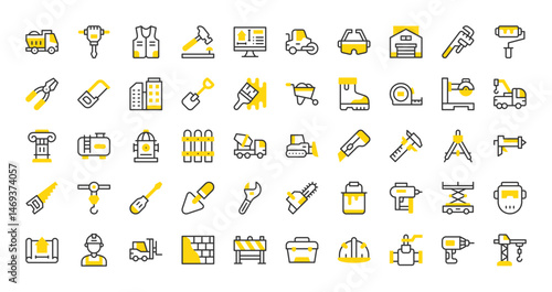 Set of Construction vector stroke icons. such as Worker, Wall, Scissor Lift, Caliper, Barrier, Design, Concrete Truck, Blueprint, Chainsaw, Paint Roller, Safety Glasses, Bulldozer, Tow illustration.