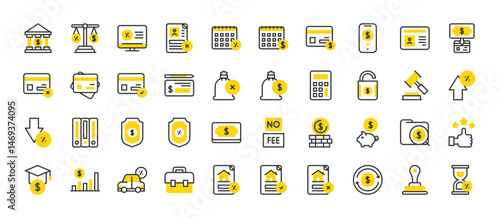 Set of Credit and loan vector stroke icons. such as Denied , File, Calculator, Loan, Money, Computer, Money Bag, Cheque, Credit, Rating, Badge, Return, Piggy Bank, Folder, Graph illustration.