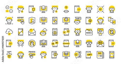 Set of Cyberbullying vector stroke icons. such as Overthinking, Report, Pressure, Camera, No Aggression, Hacker, Smartphones, Sad, Scam, Protection, Password, Attack illustration.
