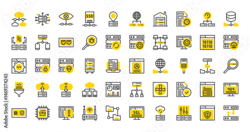 Set of Database and servers vector stroke icons. such as Server, Error, Lan, Scheme, Technology, File Sharing, Backup, Upload, Malware, File Transfer, Sql, Login, Global, Download, Sync illustration.