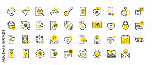 Set of Dating app vector stroke icons. such as Kiss, Nearby, Engagement, Match, Search, Anonymous, Settings, Undo, Date, Swipe Right, Blind Date, Love Potion, Break Up, Account, Emoticon illustration.