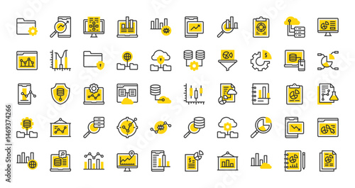 Set of Data analytics vector stroke icons. such as Database, Laptop, Stock Market, Data Science, Statistics, Prediction, Data Report, Development, Cloud Server, Target, Management illustration.