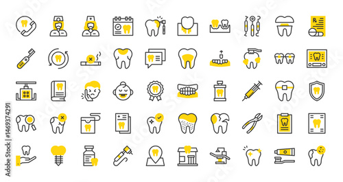 Set of Dentist vector stroke icons. such as Toothache, Baby Teeth, Appointment, Plaque, Dentist Chair, Drilling, Healthy, Prescription, Award, Root Canal, Broken, Dental Care, Dentistry illustration.