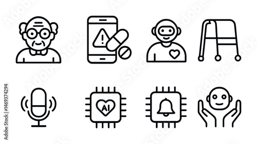 Elderly care linear icons set – line, healthcare and senior assistance symbols