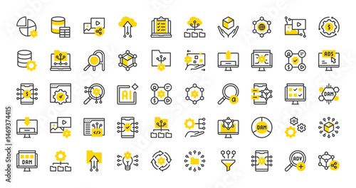 Set of Digital asset management vector stroke icons. such as Digital Asset, Database Table, Procession, Advance Search, Workflow, Acceleration, Distribute, Cube, Digital Asset, Idea illustration.