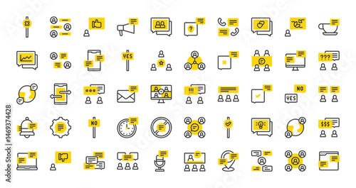Set of Discussion vector stroke icons. such as Moderator, User, Chat, Discussion, Notification Bell, Laptop, No Talking, Video Call, Analysis, Monitor, Agree, Idea, Disagreement, Place illustration.