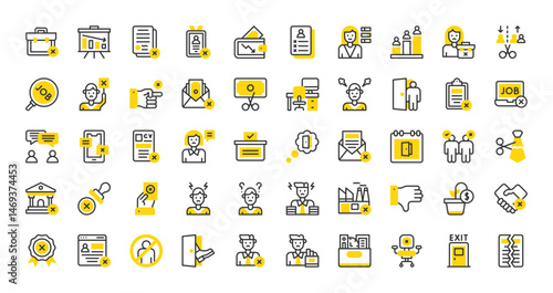 Set of Dismissal vector stroke icons. such as Compete, Cancelation, Burden, Dismiss, Factory, Contract, Search, Discussion, Cancellation, Workplace, Angry, Rejection, Unemployment illustration.