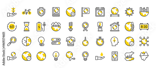 Set of Earth hour vector stroke icons. such as Global Warming, On Off, No Light, Clock, Happy, Polar Bear, Save The Planet, Switch Off, Chronometer, Think Green, Connection, Take Care illustration.