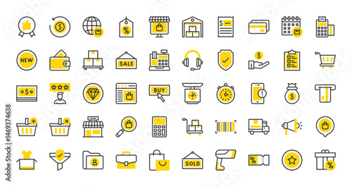 Set of Ecommerce vector stroke icons. such as Database , Get Money, New, Refund, Briefcase, Shopping Bag, Diamond, Shield, Location Pin, Listing, Pack, Card Machine, Wallet illustration.