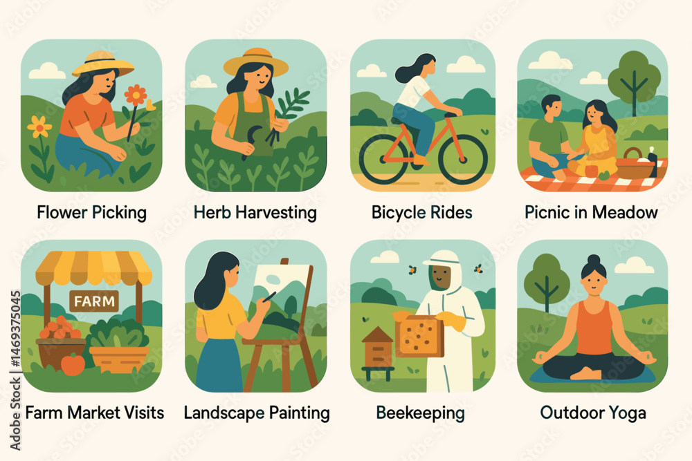 Fototapeta premium Outdoor activities flat icons set – picnic, gardening, nature symbols collection