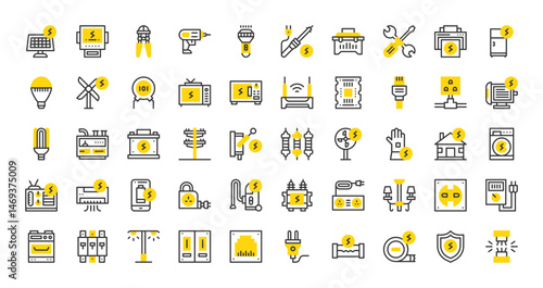 Set of Electricity vector stroke icons. such as Circuit Board, Street Lamp, Screwdriver, Soldering Iron, Insulating, Protection, Rj45, Knife Switch, Transformer, Drill, Fuse, Wires, Multi illustration