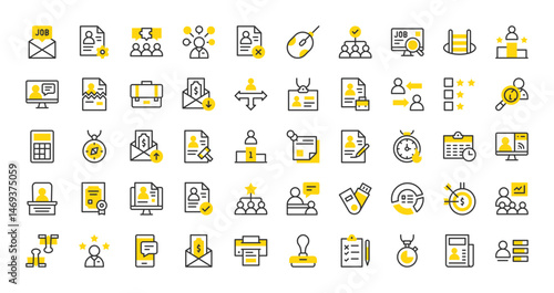 Set of Employment vector stroke icons. such as Test, Accept, Multitasking, Presentation, Promotion, Outstanding, Resume, Search, Kpi, Termination, Hierarchical, Decision, Legal illustration.