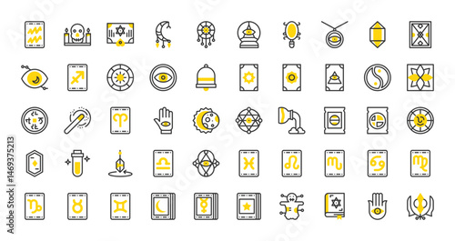 Set of Esoteric vector stroke icons. such as Pyramid, Fortune Teller, Sagittarius, Esoteric, Zodiac, Aquarius, Crystal, Dreamcatcher, Eclipse, Gemini, Hamsa, Aquarius, Hand, Hypnotic illustration.