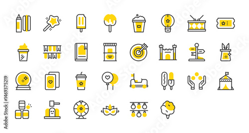 Set of Fair vector stroke icons. such as Target, Mask,  Directional Sign, Can, Bumper Car, Corn Dog, Juggling, Circus, Hammer Game, Fortune Wheel, Light Bulb, Cotton Candy, Hot Dog illustration.