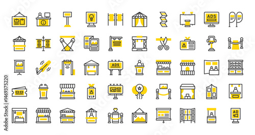 Set of Exhibition booth vector stroke icons. such as Booth, Exhibitor, Stand, Snack Booth, Pop, Spotlights, Billboard, Information, Opening Ceremony, Bow Flags, Speech, Brochure, Light illustration.