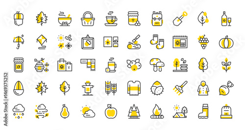Set of Fall autumn vector stroke icons. such as 4 Seasons, Radish, Leaf, Bench, Fall Photo, Rain Coat, Leaf, Beehive, Pumpkin, Wind, Rain Cloud, Pear, Apple, Tree, Fire, Camping, Boot illustration.