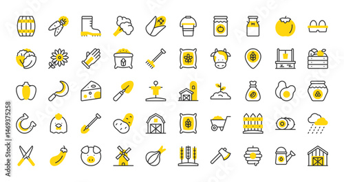 Set of Farming vector stroke icons. such as Potatoes, Corn Flour, Gloves, Horseshoe, Water Well, Broccoli, Milk Tank, Chicken, Silo, Sprout, Harvest, Honey Jar, Pig, Wheat, Cabbages illustration.