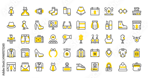 Set of Fashion show vector stroke icons. such as Hat,  Fundraiser, Trade Show, Workshop, Belt, Asymmetrical , Fitting Room, Live Streaming, Audience, Mannequin, Top, Shoes, Photography illustration.