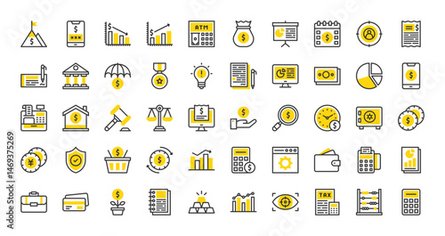 Set of Finances vector stroke icons. such as Safe, Idea,  Wallet, Pie Chart, Money, Time Is Money, Presentation, Vision, Shopping Basket, Money Bag, Report, Web Browser, Bar Chart illustration.