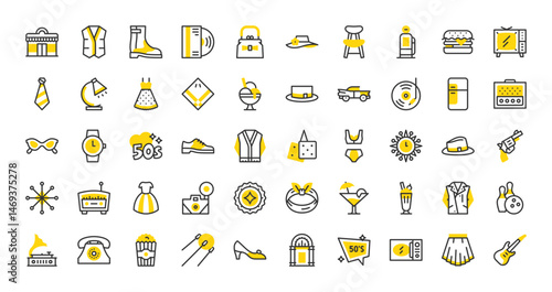 Set of Fifties vector stroke icons. such as Bandana, Electric Guitar, Record Player, Car, Telephone, Fridge, Fedora Hat, Star, 50s, Milkshake, Leather Jacket, Bowling, Gramophone, Heels illustration.
