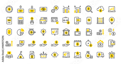 Set of Finances vector stroke icons. such as Chart Down, Pound, Bank, Chart Up, Money, Pie Chart, Eye, Profit, Money Loss, Shield, Bar Chart, Money Bag, Yen, Dollar, Wallet, Light Bulb illustration.