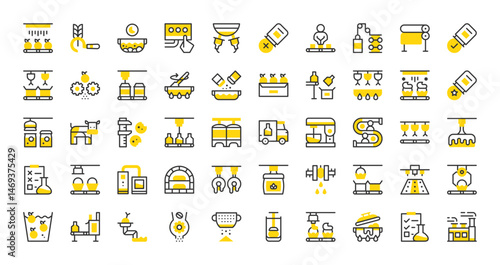 Set of Food processing vector stroke icons. such as Grinder, Wash, Crusher, Seasoning, Cooking, Dough Rolling, Production, Wine, Frozen, Machine, Harvest, Production, Wash, Packing illustration.