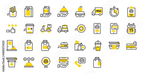 Set of Food Delivery vector stroke icons. such as Food Pack, Cake, Menu, Lunch Box, Grocery, Pizza Deliver, Delivery Bag, Food Pack, Burger, Food Delivery, Food Tray, French Fries illustration. 