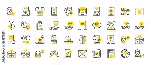 Set of Friendship Day vector stroke icons. such as Girl, Infinite, Boy, Hug, Phone Call, Cheers, Love, Hearts, Greeting Card, Camping Tent, Chat, Balloons, Fingers, Best Friend, Gift illustration. 