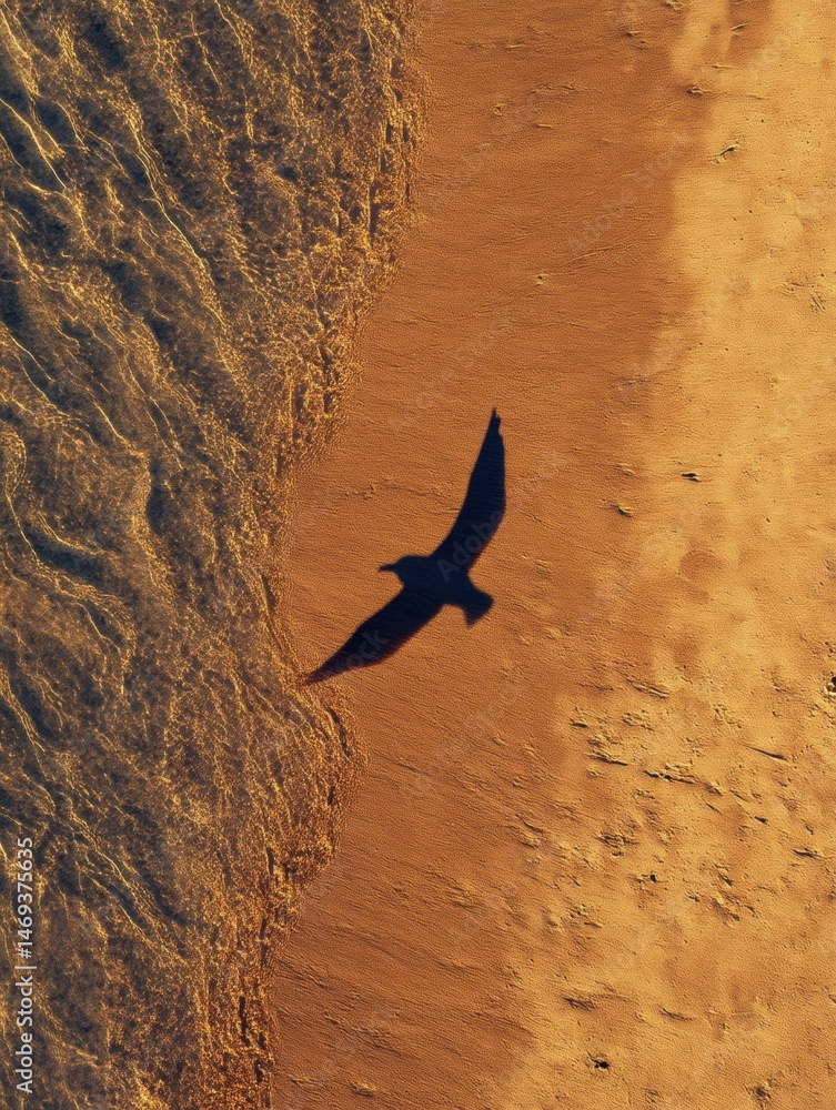 Bird Shadow Gliding Gracefully Across Sunlit Sand Along the Shoreline During a Bright Afternoon Generative AI