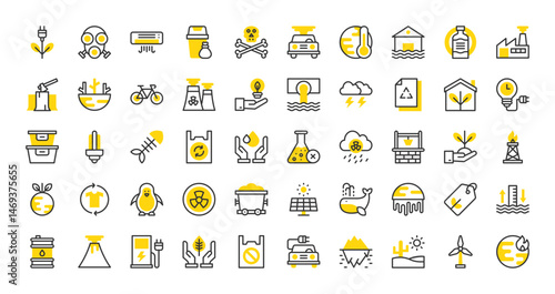 Set of Global warming vector stroke icons. such as Sea Level, Forbidden, Second Hand, Leaf, Electric Charge, Tupperware, Deforestation, Green Energy, Earth Hour, Mining Cart, Reuse illustration.