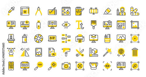 Set of Graphic design vector stroke icons. such as Motion Graphic, Ruler, 3d Modeling, Website, Infographic, Computer, Paint Roller, Eye, Video Editing, AI, Magic Wand, Infographics illustration.