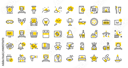 Set of Good night vector stroke icons. such as Sleep, Sleepy, Pillow, Night Cream, Doll, Blanket, Sleeping Mask, Pizza, Toilet, Sleep, Nightcap, Alarm Clock, Pills, Record Player, Tooth illustration.