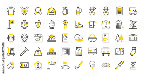 Set of Golf vector stroke icons. such as Polo, Golf, Mini Golf, Golf Ball, Golf Bag, Sock, Scoreboard, Lawn Mower, Map, Golfer, Weather, App, Forest, Gloves, Golf Flag, Stick, Binocular illustration.