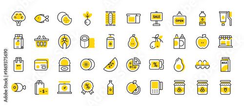 Set of Grocery vector stroke icons. such as Olives, Eggs, Shop, Pos, Jam, Discount, Milk, Avocado, Orange, Credit Card, Ketchup, Can, Honey, Bottle Of Water, Radish, Money, Scale, Badge illustration.